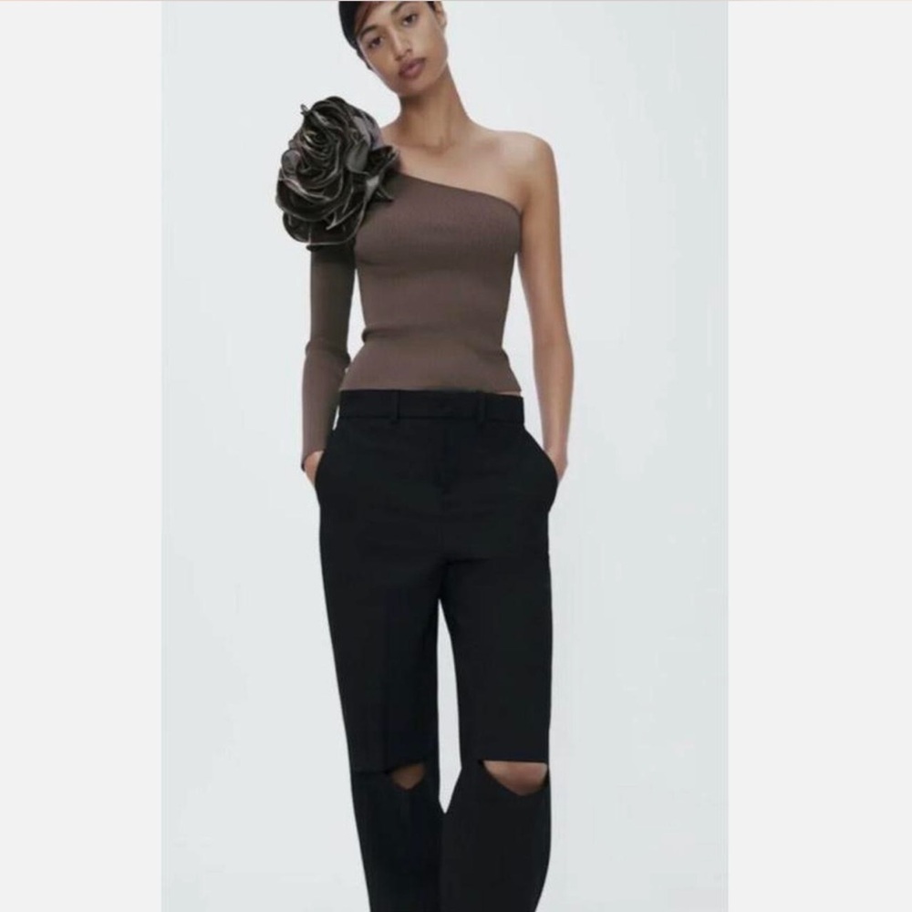 Zara One Shoulder Asymmetrical Brown Top With Velvet Floral Embellishment Medium - Picture 4 of 5